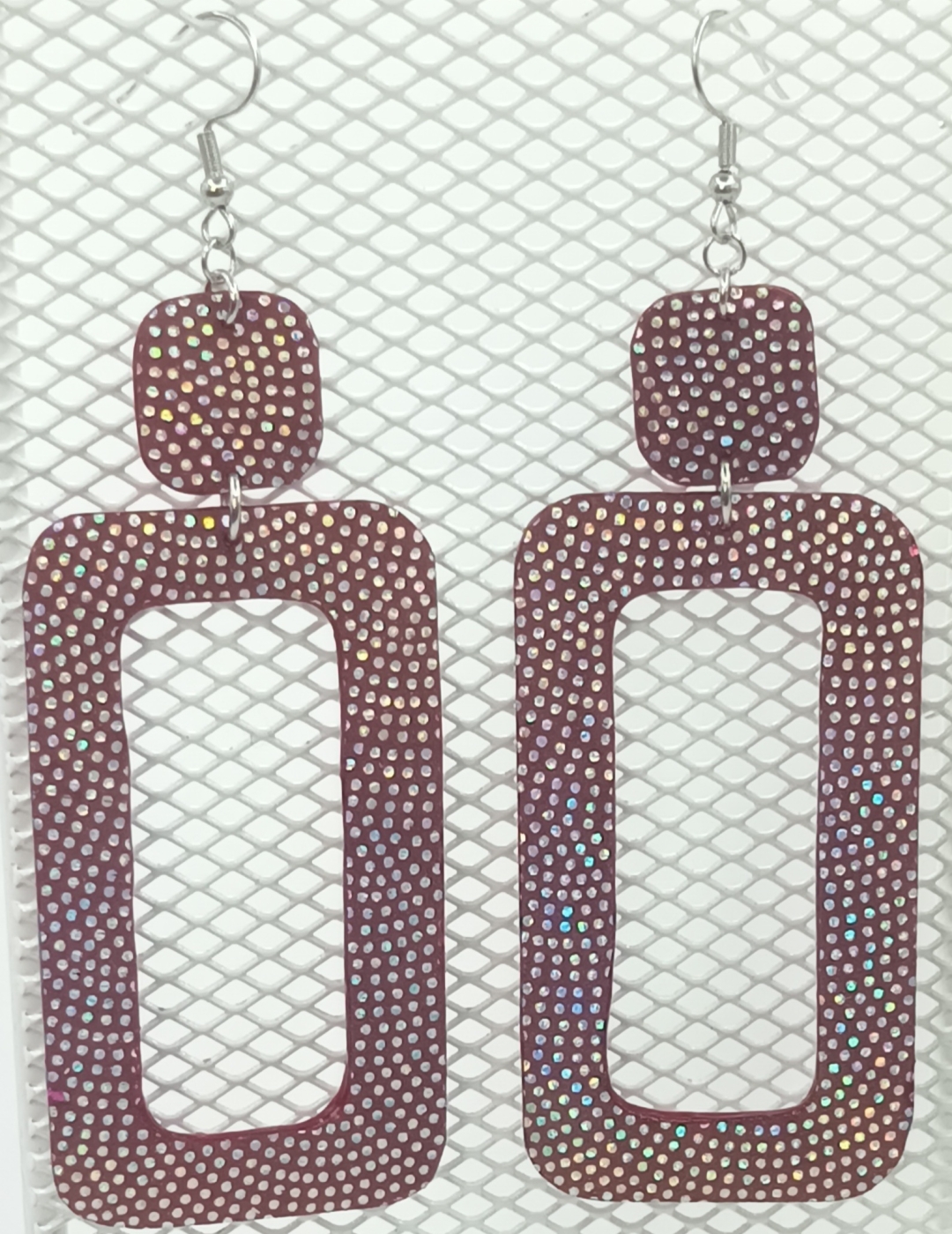 Grandes Boucles d’oreilles rectangulaire bordeaux pailleté