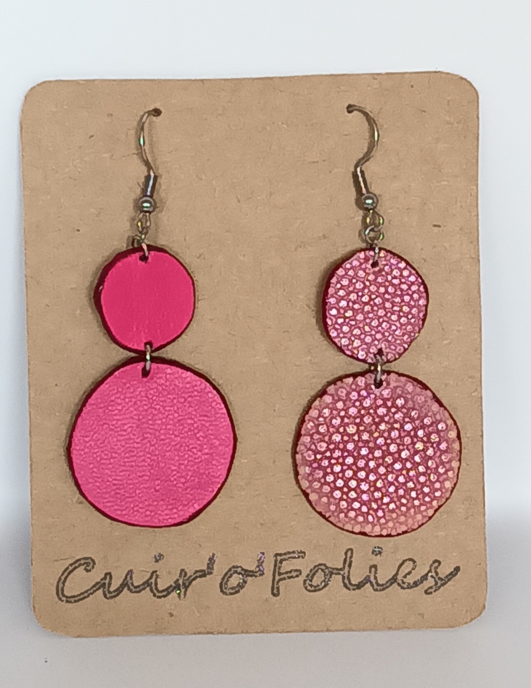Boucles d’oreilles double rond en galuchat rose métallisé