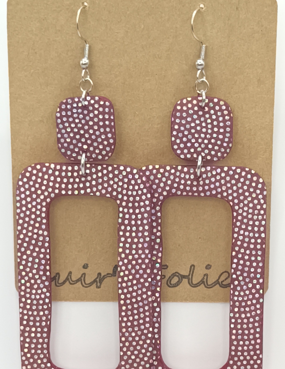 Grandes Boucles d’oreilles rectangulaire bordeaux pailleté