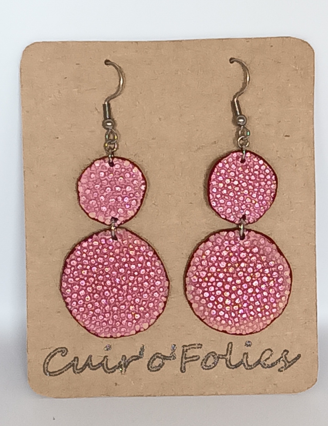 Boucles d’oreilles double rond en galuchat rose métallisé