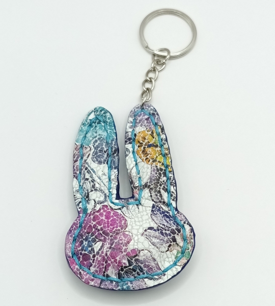 Porte-clés lapin fleuri pastel et bleu lagon