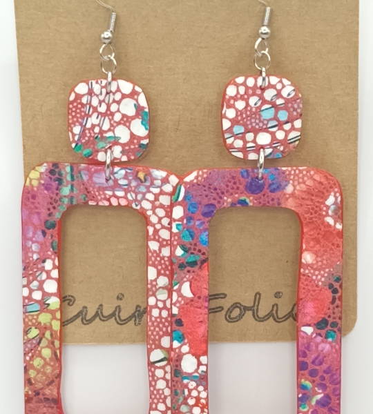 Grandes Boucles d’oreilles rectangulaire rouge fleuri